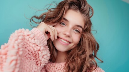 Wall Mural - Photo of lovely young girl make selfie show okay wear pink pullover isolated on teal color background  