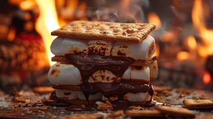 Close-up of a delicious s'more melting over a campfire with gooey marshmallow