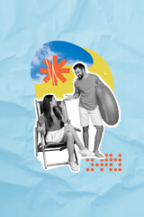 Sticker - Creative abstract template collage of dating couple anniversary relax beach summer freak bizarre unusual fantasy billboard