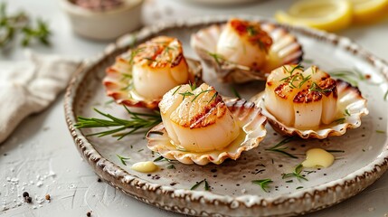 Wall Mural - Brown scallops with butter and lush ground herbs grilled in a shell, offered over a dish over a pale white setting, appropriate for a delightful summertime meal and space, Generative AI.