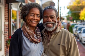 Wall Mural - Portrait of a happy afro-american couple in their 70s wearing a versatile buff isolated on charming small town main street