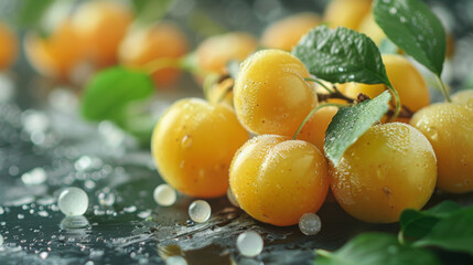 Wall Mural - Close-up of fresh yellow plums with leaves, covered in water droplets, highlighting their freshness and juiciness.
