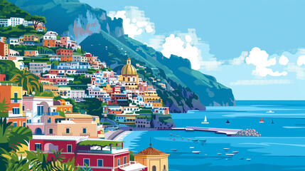 copy space, vector illustration, touristic publicity poster of positano. Famous touristic spot Amalfi coast, Italy. Beautiful travel destination, must-see tourist spot in Europe.