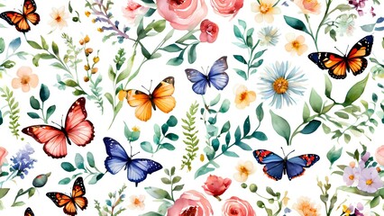 Wall Mural - the delicate beauty of watercolor flowers and butterflies in stunning pattern