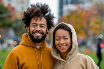 Wall Mural - Portrait of a happy mixed race couple in their 30s sporting a comfortable hoodie while standing against vibrant city park