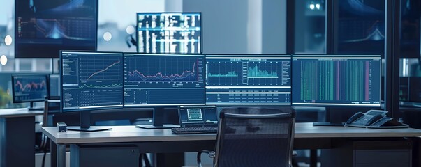 high-tech office workspace with multiple monitors