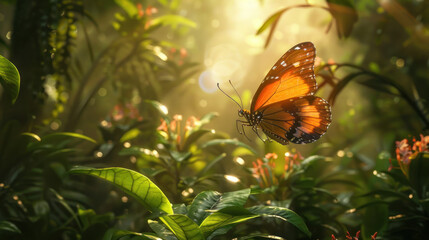 Wall Mural - Butterfly flying through a sunbeam in a dense forest