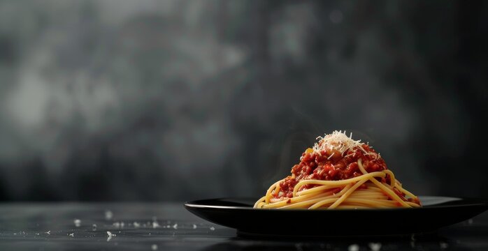 Close Up of Spaghetti With Meat Sauce and Parmesan Cheese on a Black Plate