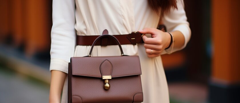 Woman holding a brown leather handbag in her hands