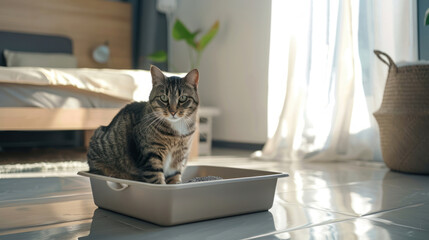 Wall Mural - Cat using a litter box in a tidy space