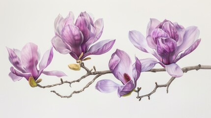 Canvas Print - Elegant purple magnolia blooms in a spring garden against a white backdrop