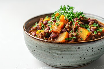 Wall Mural - A bowl of organic, nourishing fall chili con carne with pumpkin and lush  herbs over a white setting depicts the approach of fall and the relieving qualities of food and space, Generative AI.