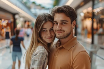 Wall Mural - Portrait of a tender couple in their 20s wearing a sporty polo shirt while standing against bustling shopping mall