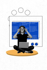 Vertical collage picture young cheerful man nerd computer science student programmer code script web interface drawing background
