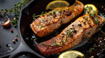 Wall Mural - Cooking trout steak in a cast iron pan with aromatic herbs