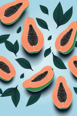 Sticker - Juicy ripe flying papaya, papaya slices and green leaves isolated on soft blue background.