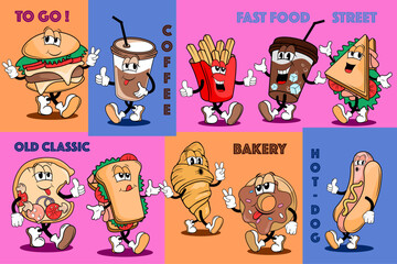 Wall Mural - set of fast food cartoon, cartoon character for food street , hot dog, sandwich and French fries, retro groovy style, cute dog food cartoon character vector illustration