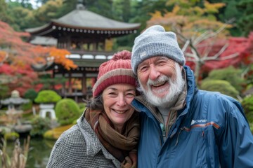 Wall Mural - Portrait of a joyful couple in their 60s donning a warm wool beanie on backdrop of a traditional japanese garden