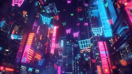 Wall Mural - 4. Design an image of a digital city skyline illuminated by neon lights, with floating shopping carts and product icons suspended in the air, capturing the vibrant energy and convenience of modern