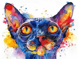  Colorful watercolor painting of a cat with vibrant details and expressive eyes, splashes of paint enhance the artistic impression.