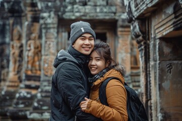 Wall Mural - Portrait of a cheerful asian couple in their 20s donning a durable down jacket isolated on backdrop of ancient ruins