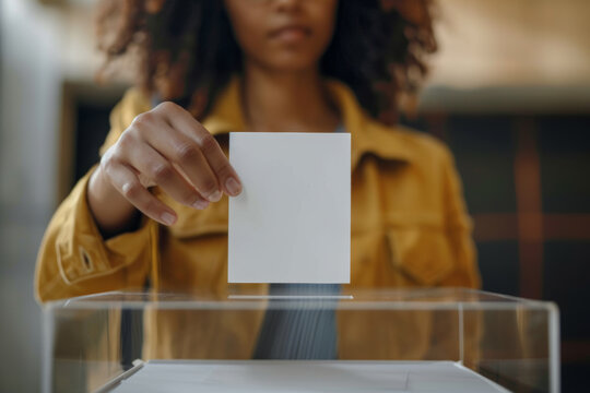 Voting concept. Young African American woman putting white vote ballot into transparent ballot box