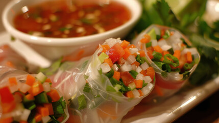 Canvas Print - Fresh spring rolls with vegetables and a side of dipping sauce