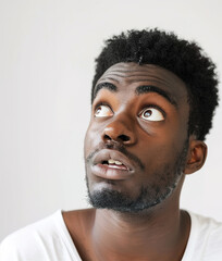 Close up portrait of a confused puzzled minded African American man in white top isolated on bright plain white background in the studio, with copy space. AI