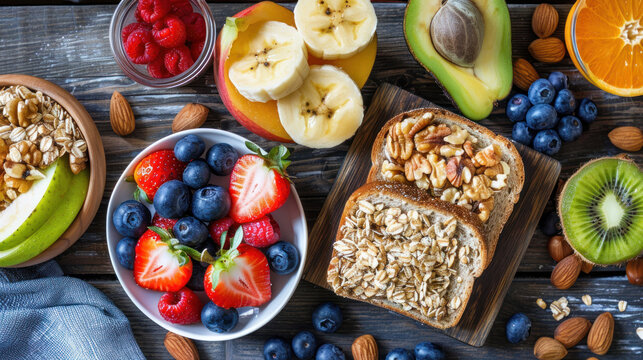 Healthy breakfast spread with whole grain toast, fruit, and nuts