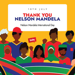 Wall Mural - Nelson Mandela International Day. 18th July Nelson Mandela day celebration banner with black people of different religion symbolizing unity, braveness, justice, south Africa flag colour abstract art.