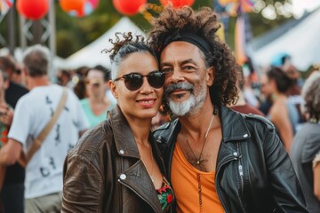 Wall Mural - Portrait of a blissful mixed race couple in their 40s sporting a stylish leather blazer while standing against vibrant festival crowd