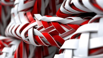 Wall Mural - Red and white 3d ribbon herringbone style abstract pattern background with curves 