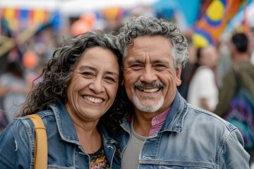 Wall Mural - Portrait of a smiling latino couple in their 60s sporting a rugged denim jacket isolated on vibrant festival crowd