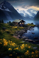 Wall Mural - A small cabin in the middle of an endless mountains