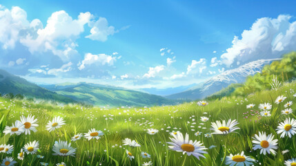 Canvas Print - Meadow of wild daisies with rolling hills and a bright blue sky