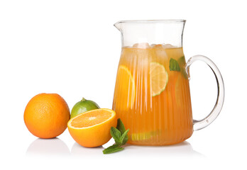 Wall Mural - Freshly made lemonade in jug, citrus fruits and mint isolated on white