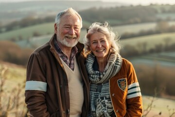 Wall Mural - Portrait of a happy couple in their 50s sporting a stylish varsity jacket on backdrop of an idyllic countryside