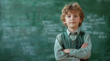 A young boy in a school uniform stands with his arms crossed in front of a green chalkboard