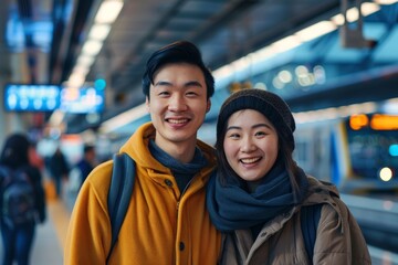 Wall Mural - Portrait of a glad asian couple in their 20s wearing a thermal fleece pullover on modern city train station