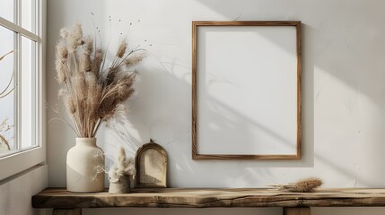 3D depiction of a hardwood vertical frame mockup on a white wall