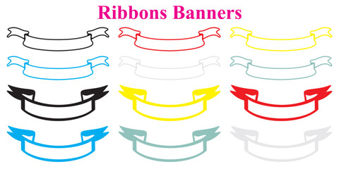 Set Of Colored Vector Ribbons In Different Shapes And Sizes. Isolated On Transparent Background. 