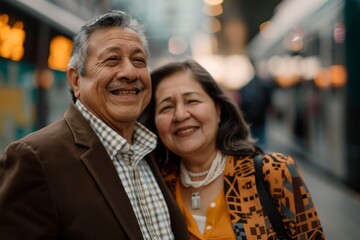 Canvas Print - Portrait of a grinning latino couple in their 60s wearing a professional suit jacket isolated in modern city train station