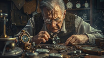 The picture of the adult professional watchmaker working inside workshop that has been filled with various kind of clock and watch, watchmaker need to use concentration and accuracy fix clock. AIG43.