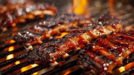 Wall Mural - A close-up of juicy pork ribs sizzling on a hot grill, caramelizing as they cook to perfection.