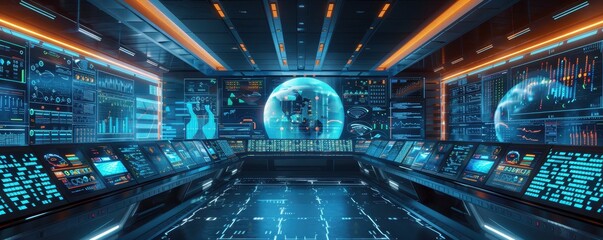 Futuristic control room with advanced technology, screens, holographic globe, and sci-fi design. Modern command center with high-tech interface.