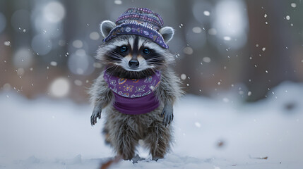 Wall Mural - A fetching tiny raccoon sporting a time-honored cloche hat. Paisley turtleneck. And purple leggings is standing on the snow. full body shot 