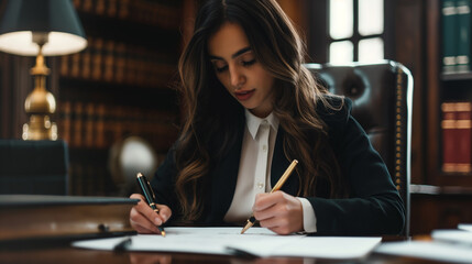 Close de uma advogada elegantemente vestida fazendo anotações em papel branco em um escritório de advocacia sofisticado e bem iluminado