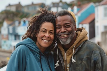 Wall Mural - Portrait of a cheerful mixed race couple in their 40s sporting a comfortable hoodie isolated on picturesque seaside village