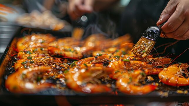 A close-up of marinated freshwater prawns being prepared for grilling, with the chef brushing on flavorful sauce for added taste.