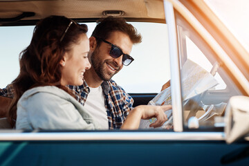 Poster - Road trip, couple and map in car for search, location navigation and destination for travel. Happy people, man and woman with paper for guidance, direction and instructions for adventure journey